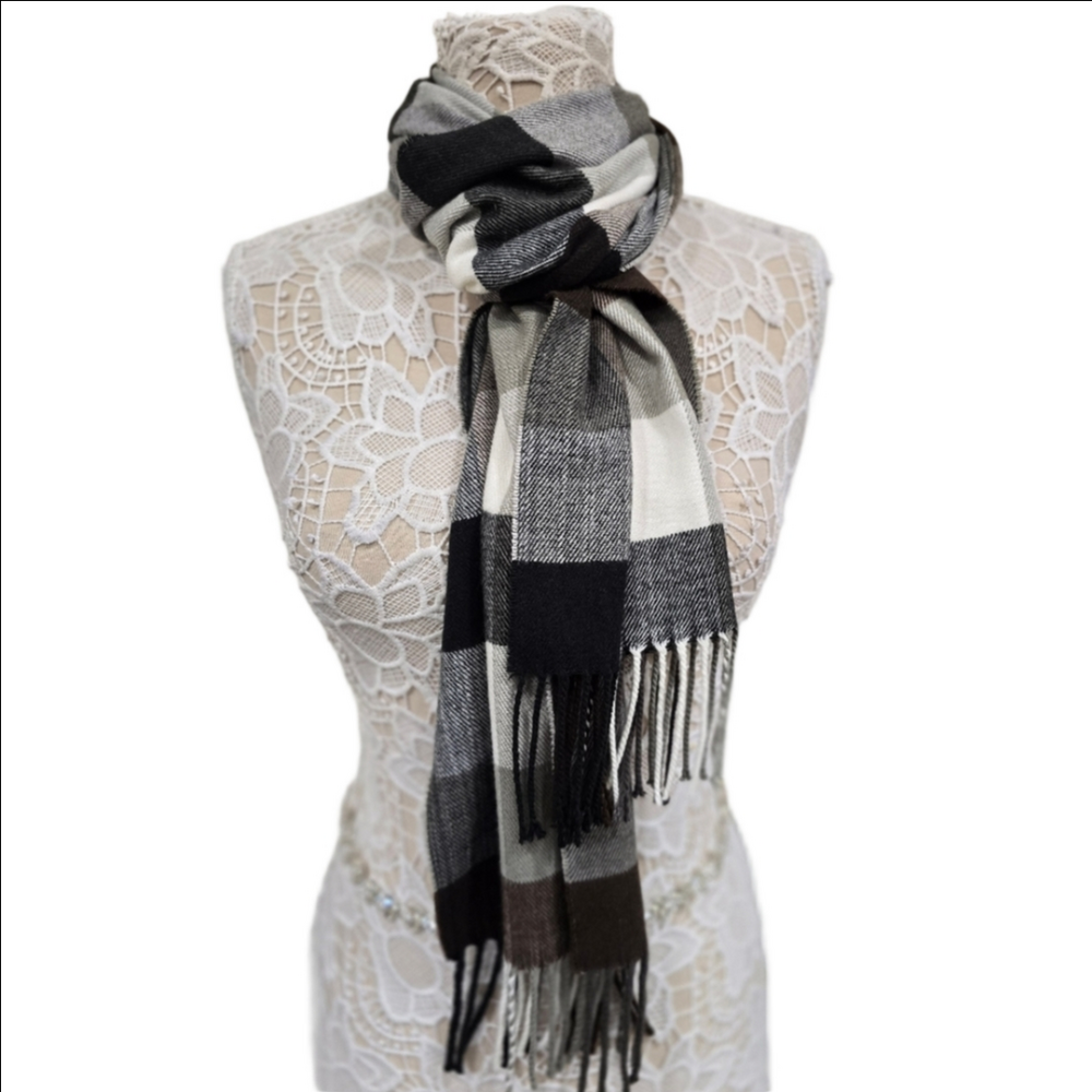 Cashmere Black, Gray And Brown Check Scarf With Fringe